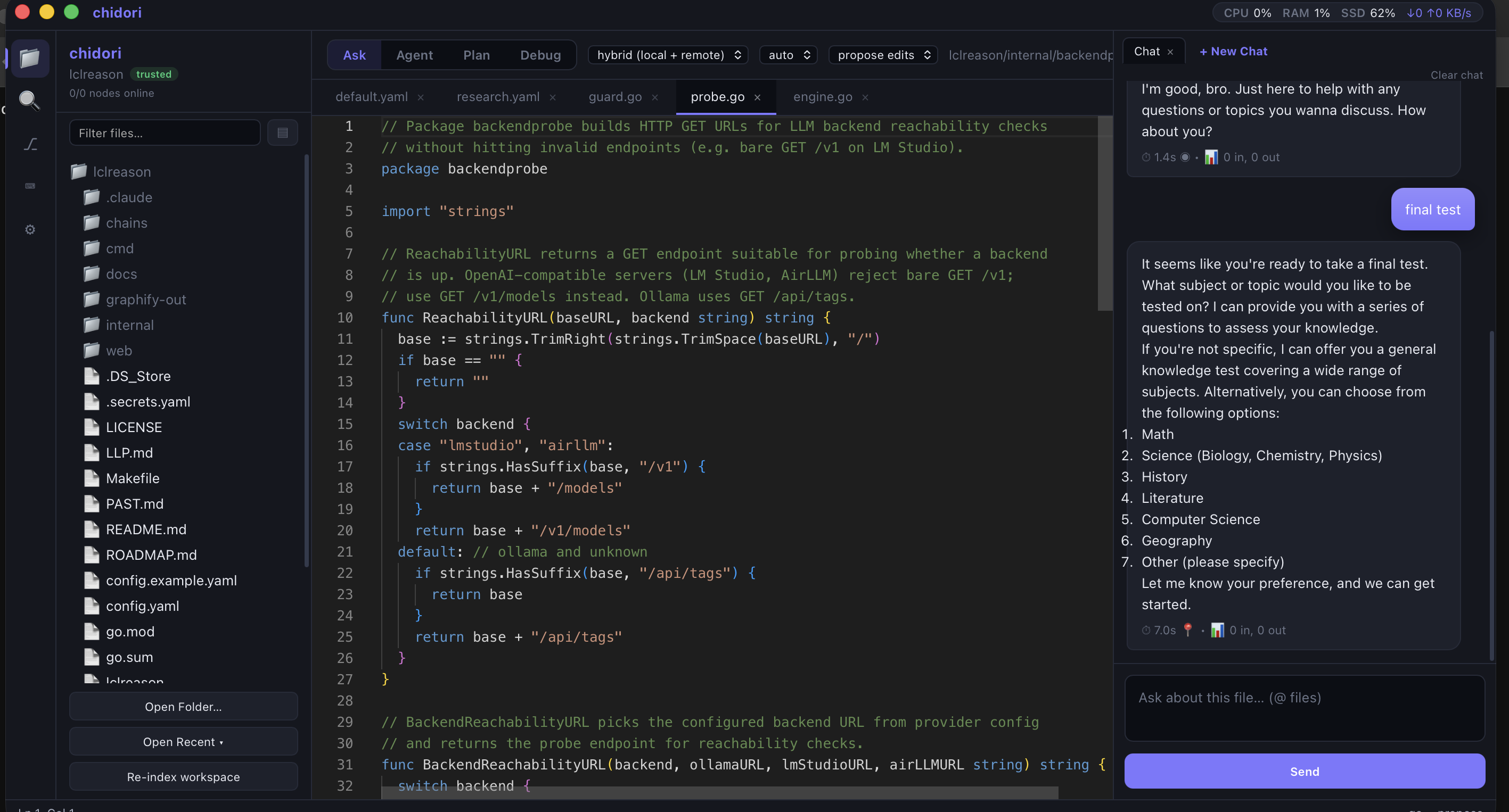 chidori Ask mode — code editor with inline AI chat